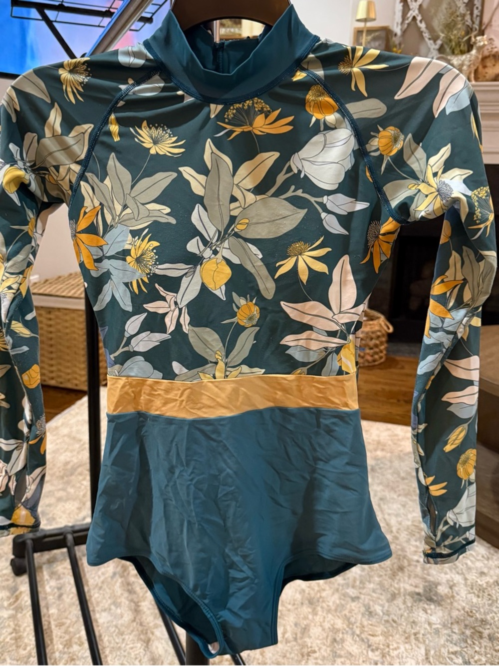 Floral Long-Sleeve One-Piece Swimsuit in Teal with Mustard Accent